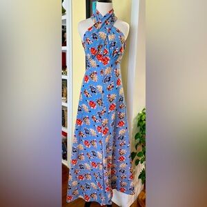 Vintage Dress Maxi 70s Twisted Halter Neck Floral Print Boho Hostess SZ: S